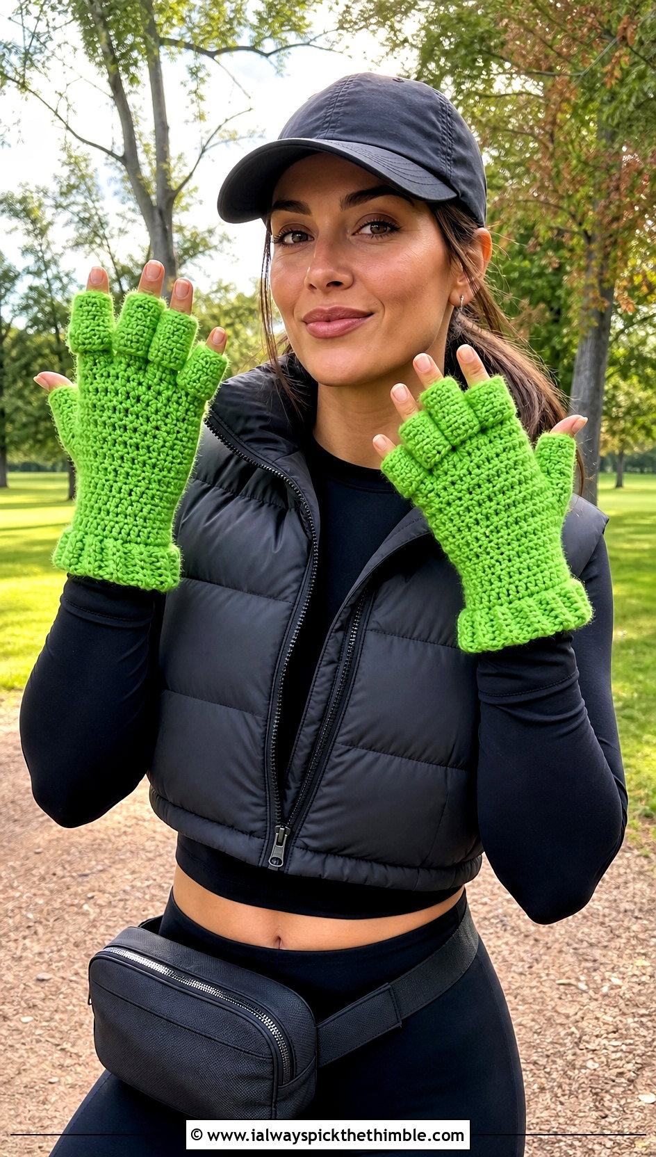 Hooded Fingerless Crochet Gloves With Puffer Vest and Leggings - 20 Convertible Crochet Gloves outfit ideas