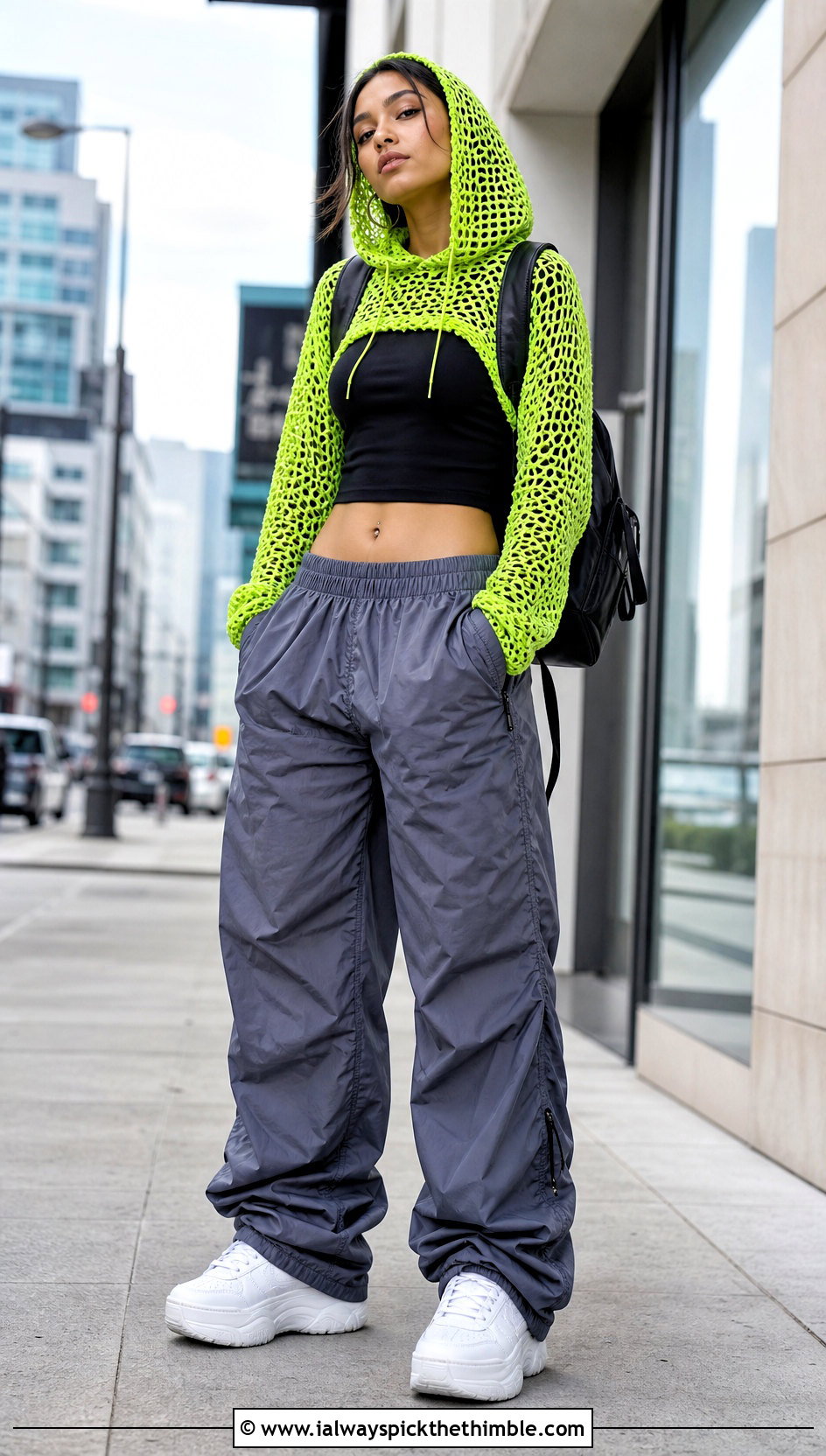 Hooded Fishnet Crochet Top With Parachute Pants - 20 Fishnet Crochet Top outfit ideas