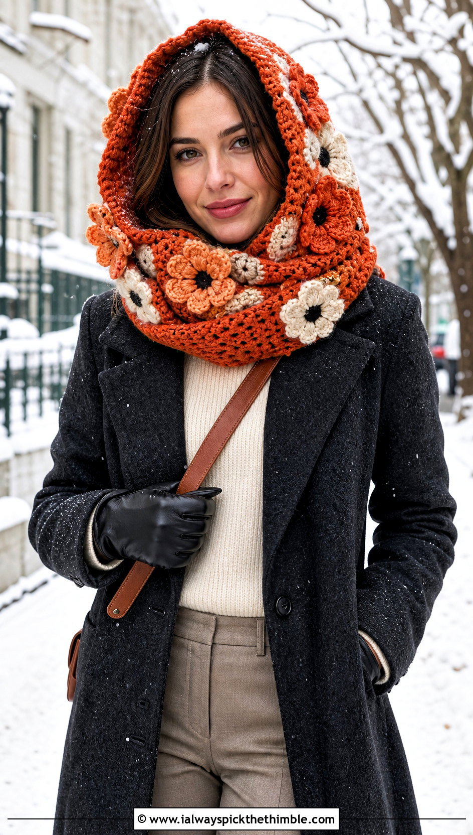 Hooded Floral Crochet Scarf With Wool Coat And Boots - 20 crochet scarf with flowers outfit ideas