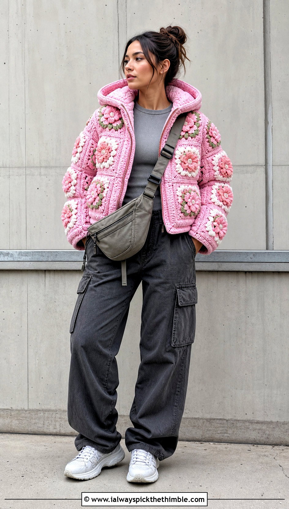 Hooded Floral Granny Square Puffer Jacket With Cargo Pants - 15 granny square puffer jacket outfit ideas