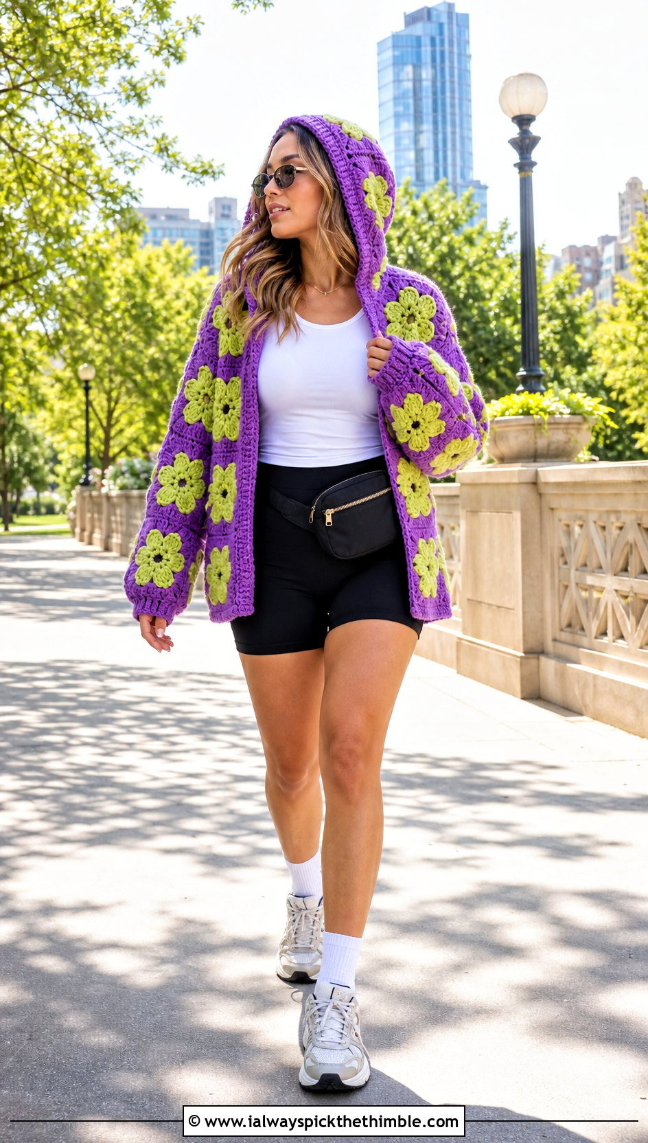 Hooded Flower Crochet Cardigan With Bike Shorts - 20 Flower Crochet Cardigan outfit ideas