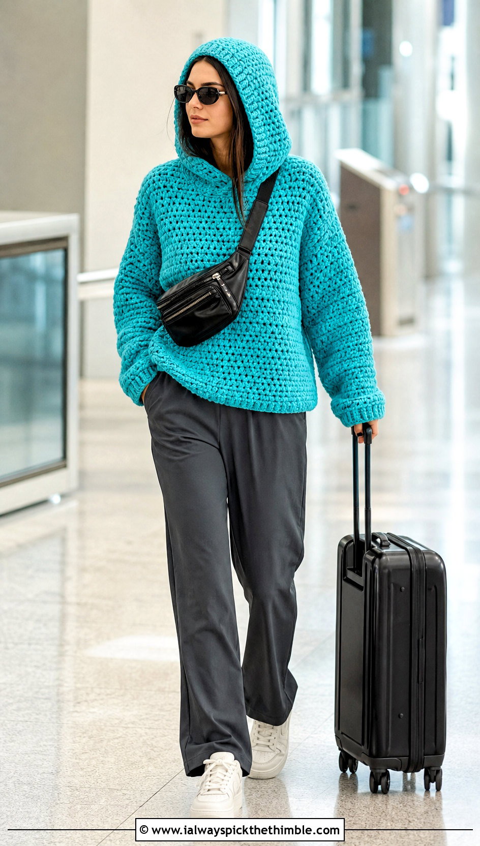 Hooded Fluffy Crochet Sweater With Track Pants - 25 fluffy crochet sweater outfit ideas