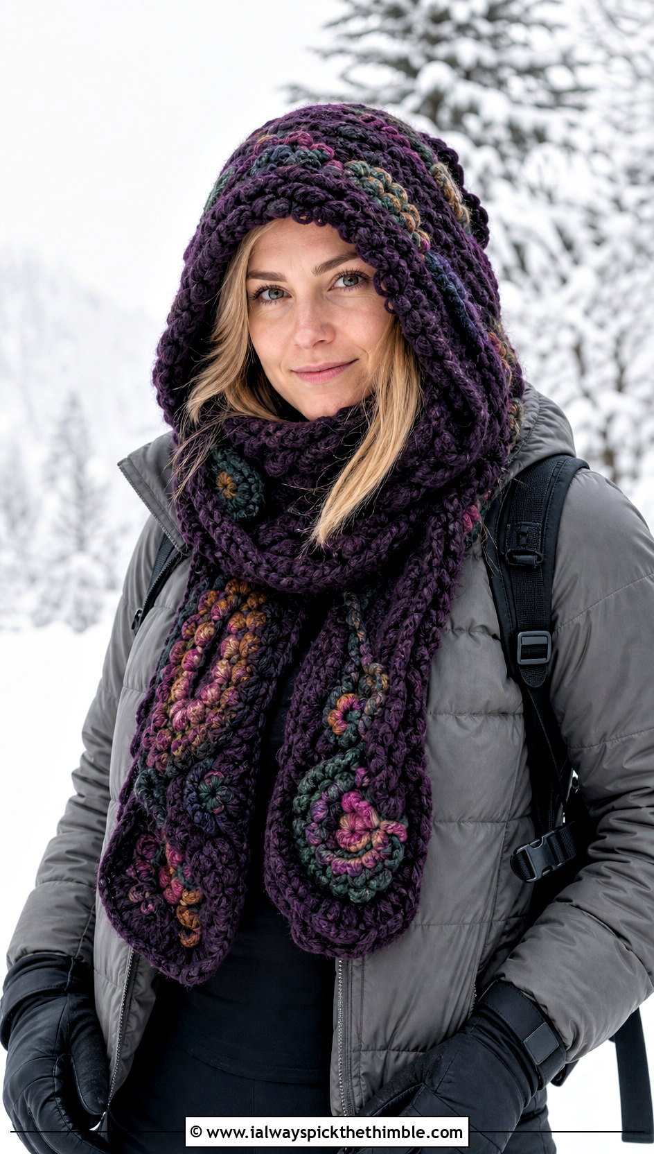Hooded Freeform Crochet Scarf With Puffer Jacket - 20 Freeform Crochet Scarf outfit ideas