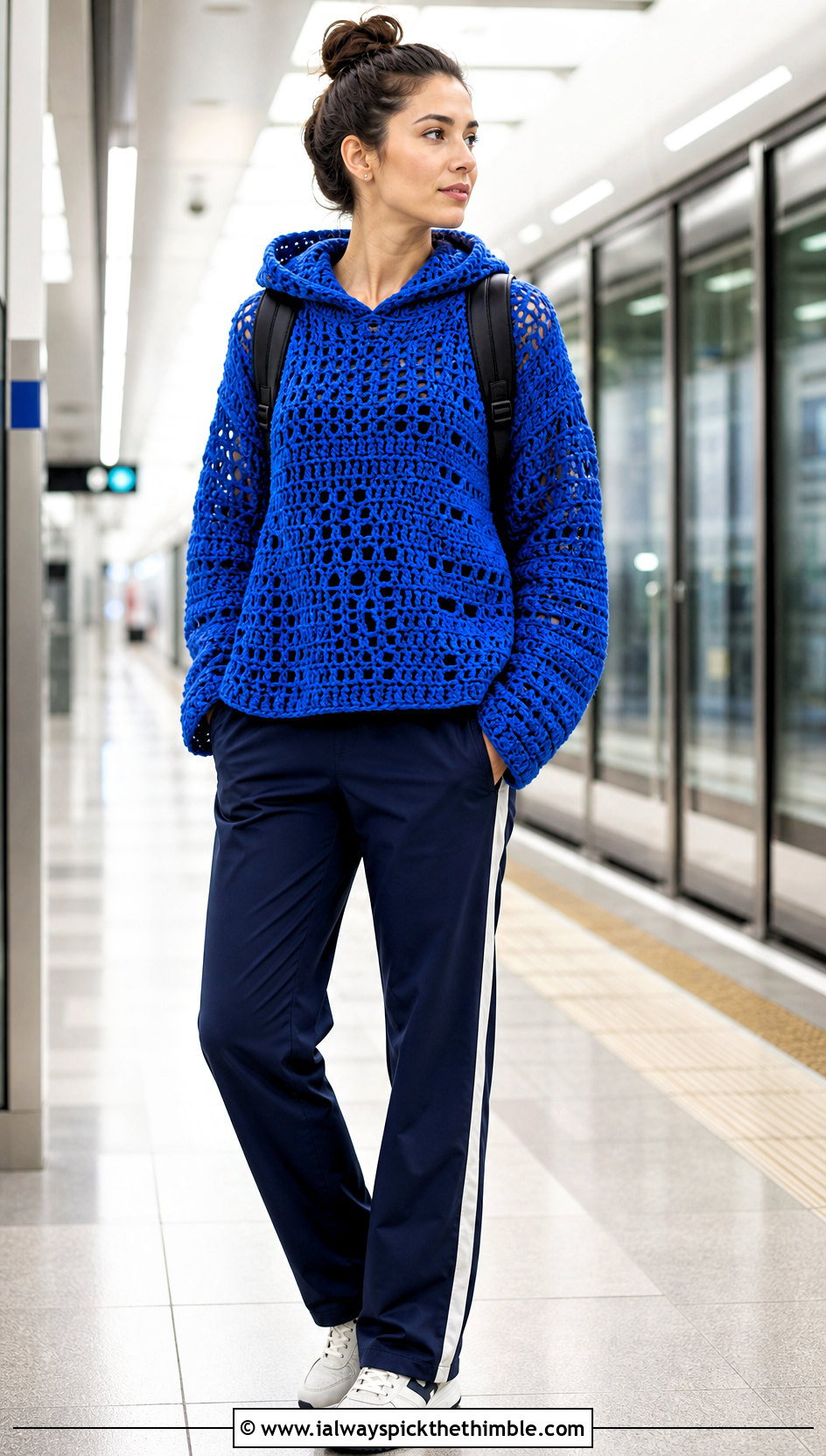 Hooded Freeform Crochet Sweater With Track Pants - 20 freeform crochet sweater outfit ideas