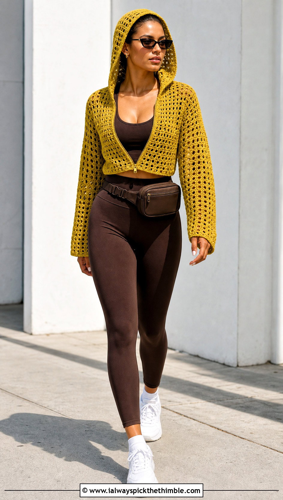 Hooded Gold Crochet Cardigan With Matching Activewear - 15 gold crochet cardigan outfit ideas