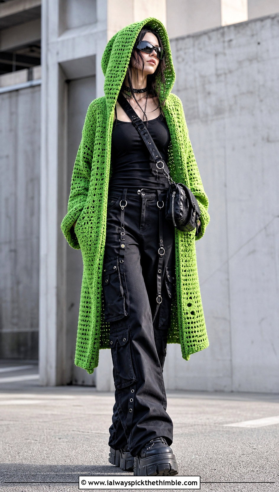 Hooded Goth Crochet Cardigan With Cargo Pants - 15 goth crochet cardigan outfit ideas