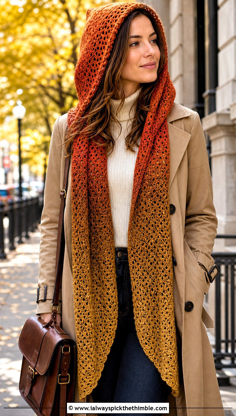 Hooded Gradient Shawl With Trench Coat - 15 Crochet Gradient Shawl outfit ideas