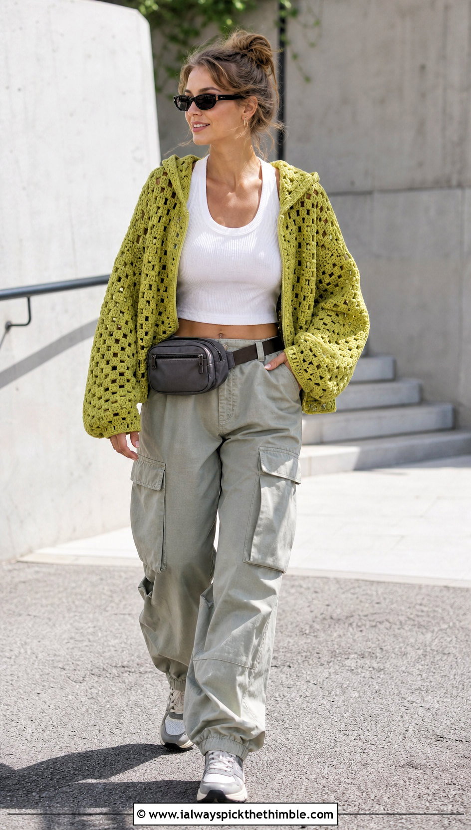 Hooded Granny Crochet Sweater With Cargo Pants - 20 granny crochet sweater outfit ideas