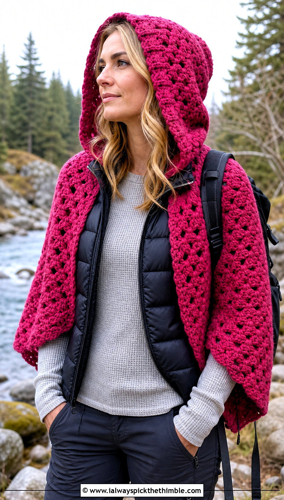 Hooded Granny Shawl With Puffer Vest - 15 Granny Crochet Shawl outfit ideas