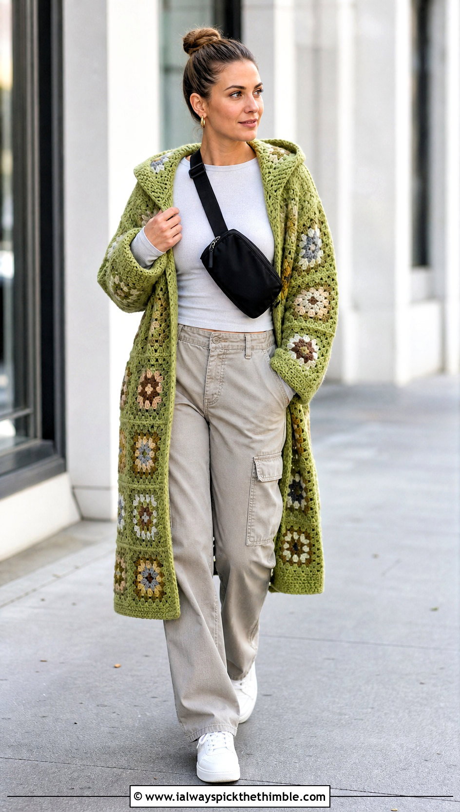 Hooded Granny Square Afghan Coat With Cargo Pants - 15 crochet granny square afghan style coat cardigan outfit ideas