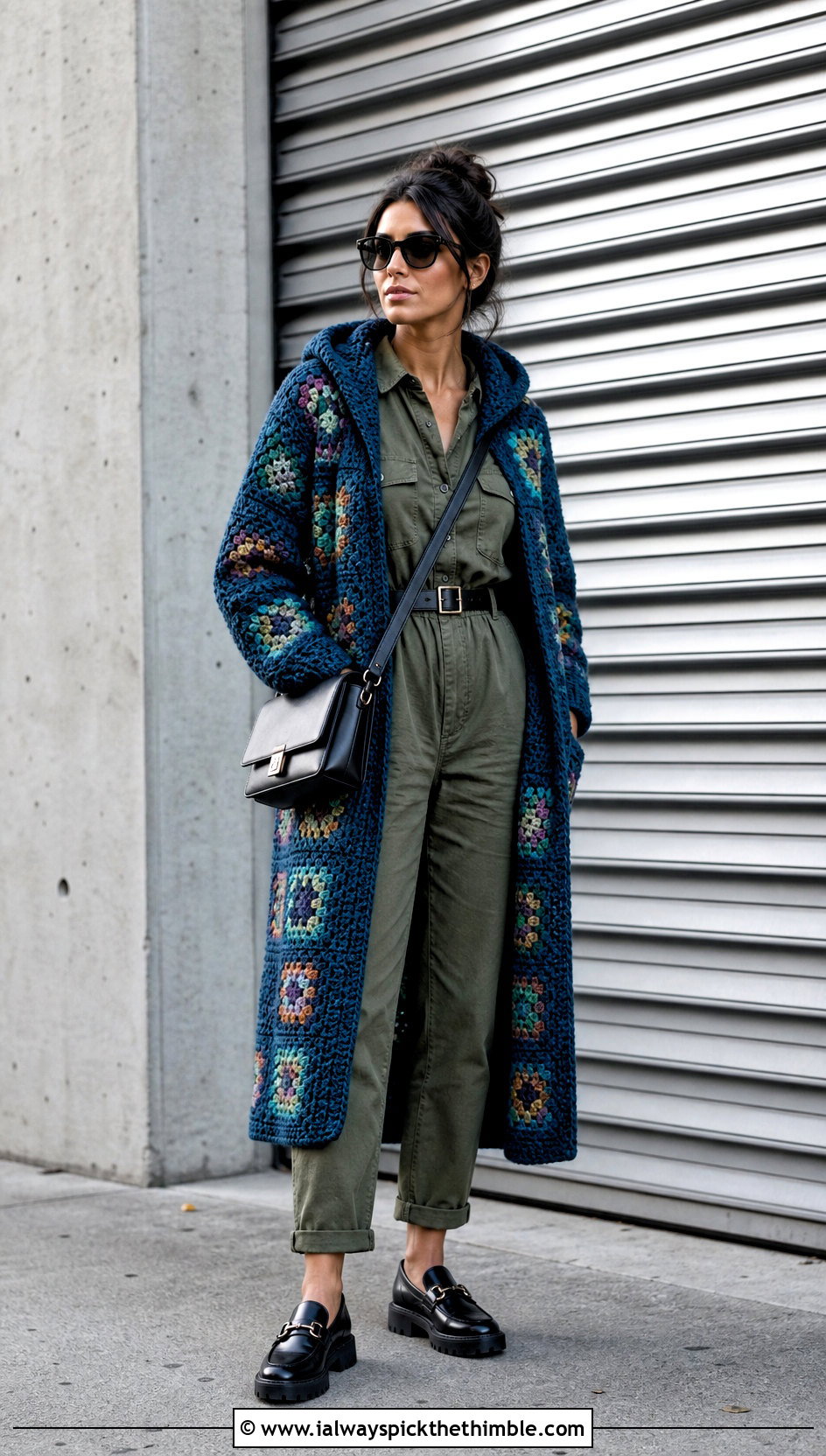 Hooded Granny Square Cardigan Coat With Utility Jumpsuit - 20 Granny Square Hooded Cardigan outfit ideas