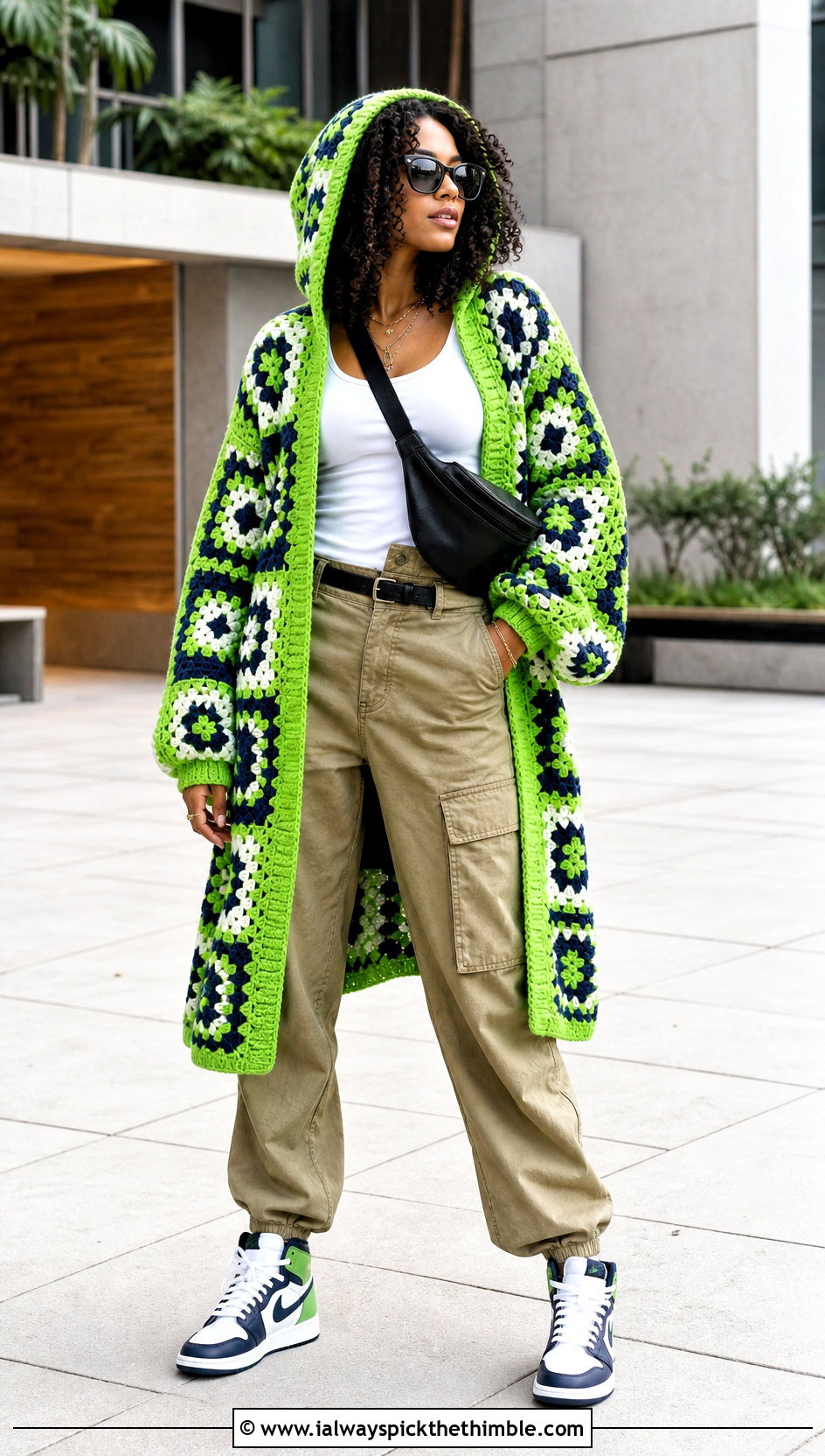 Hooded Granny Square Cardigan With Cargo Pants - 20 boho granny square cardigan outfit ideas