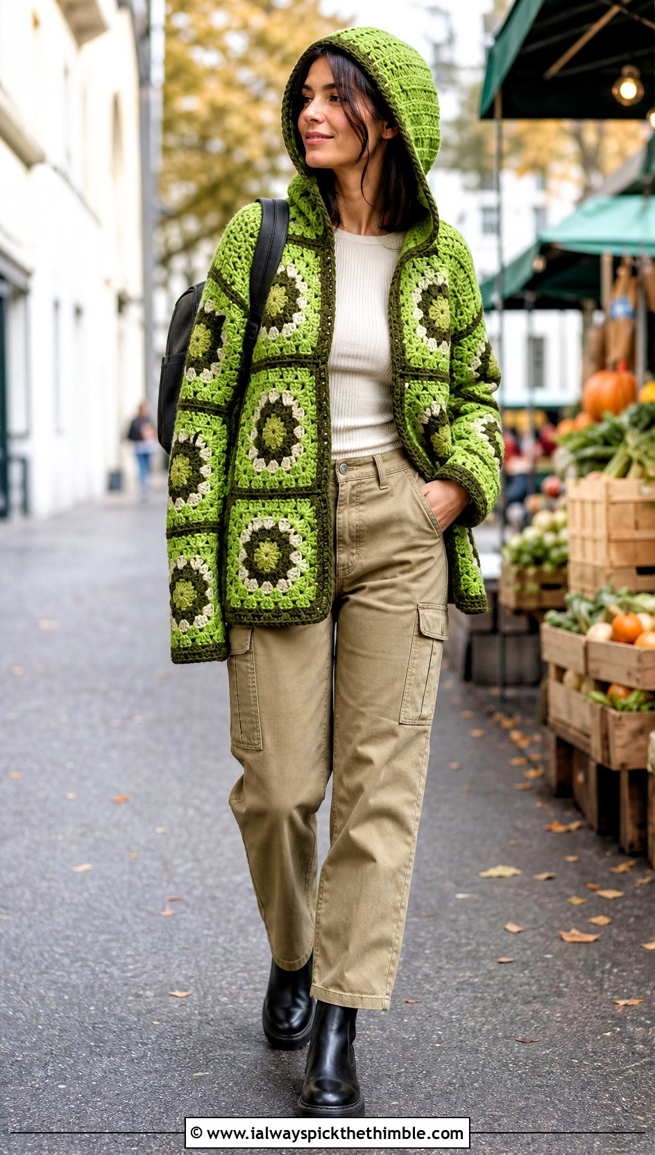 Hooded Granny Square Cardigan With Cargo Pants - 20 Crochet Fall Granny Square Cardigan outfit ideas