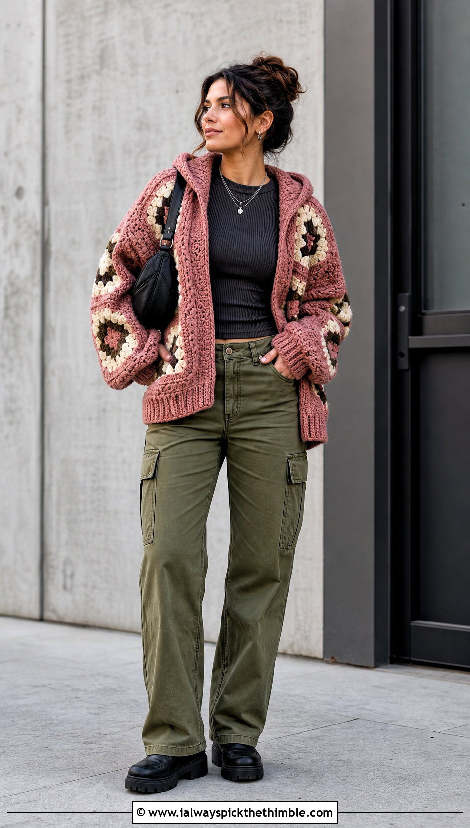 Hooded Granny Square Cardigan With Cargo Pants - 20 For Granny Square Cardigan outfit ideas