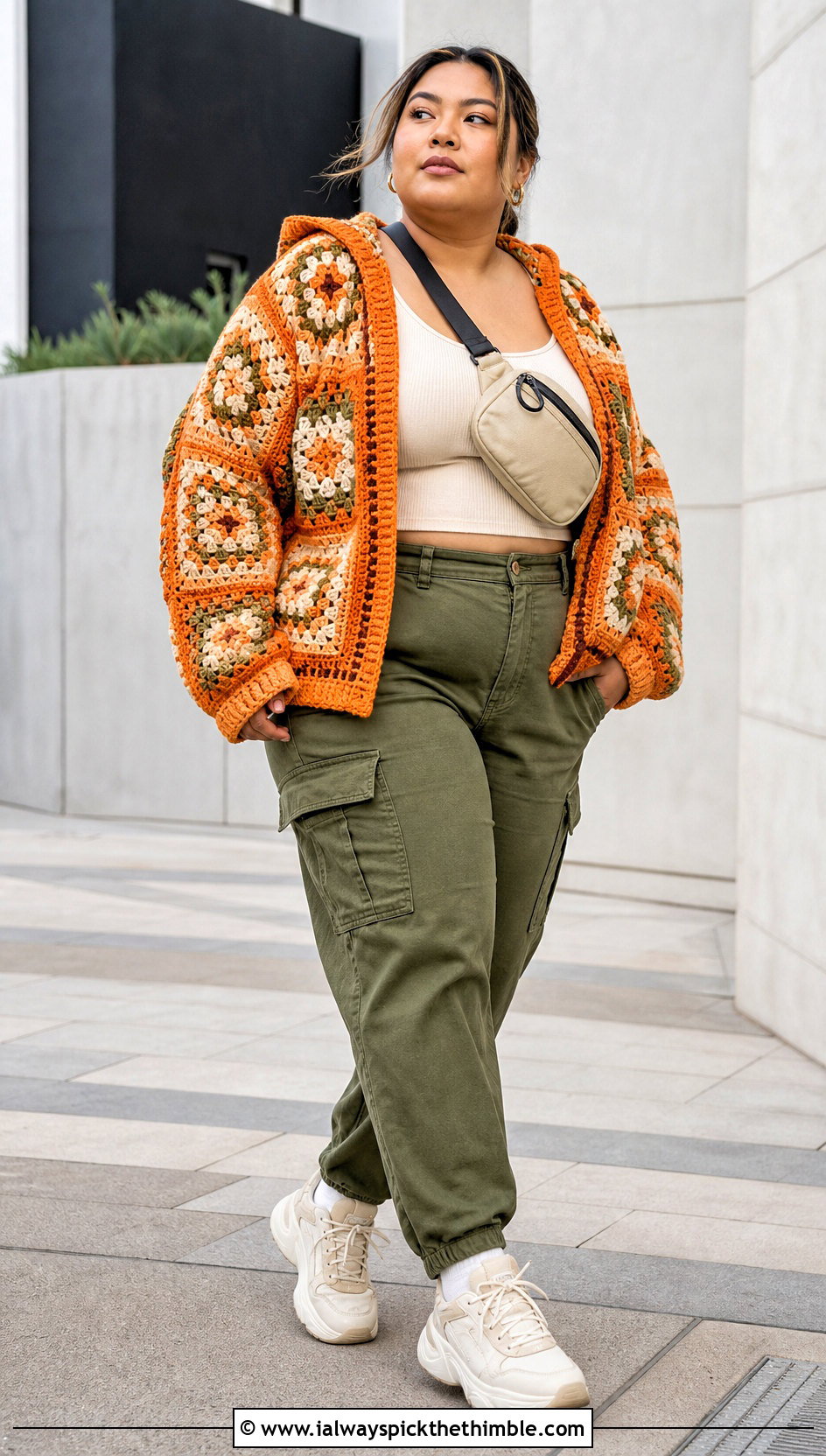 Hooded Granny Square Cardigan With Cargo Pants - 20 plus size crochet granny square cardigan outfit ideas