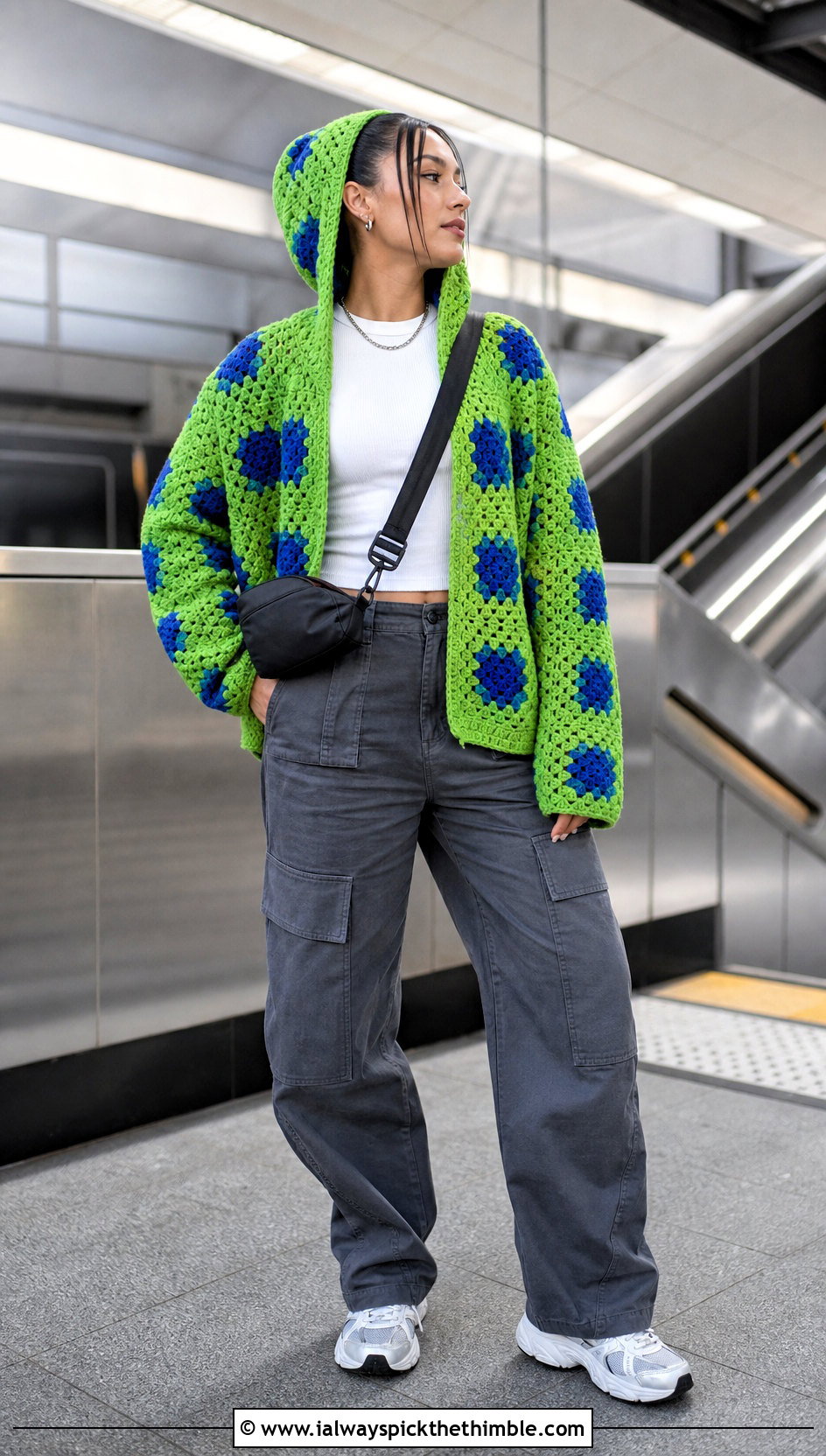 Hooded Granny Square Cardigan With Cargo Pants - 25 Easy Simple Crochet Granny Square Cardigan outfit ideas