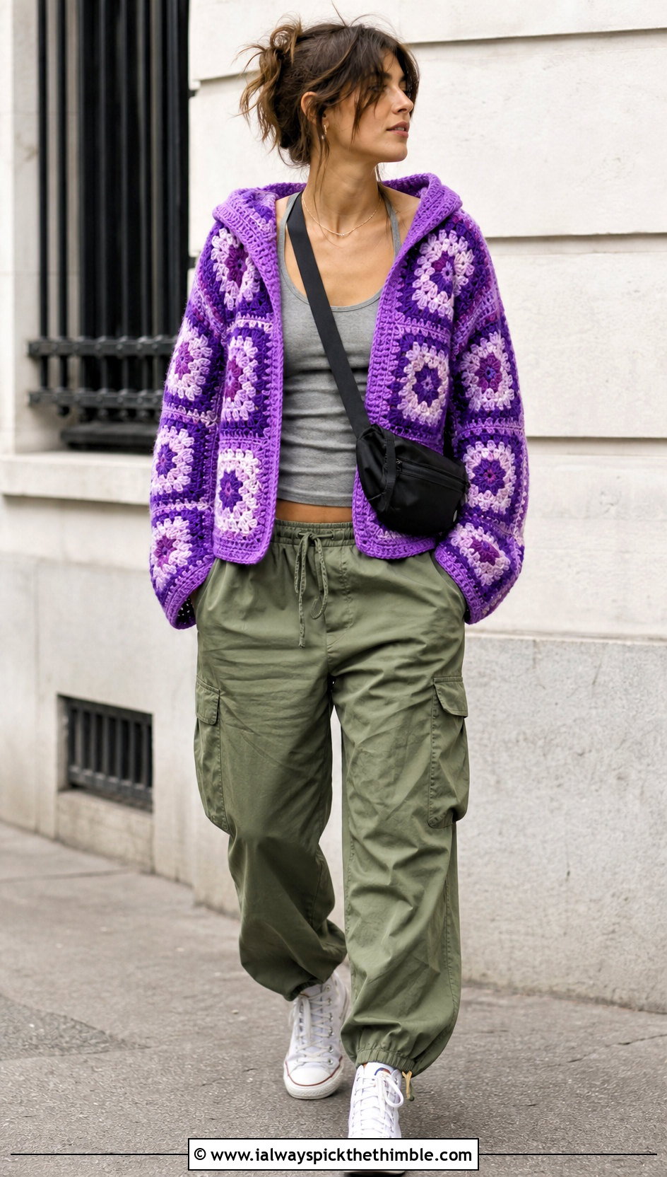 Hooded Granny Square Cardigan With Cargo Pants - 25 granny square cardigan outfit ideas