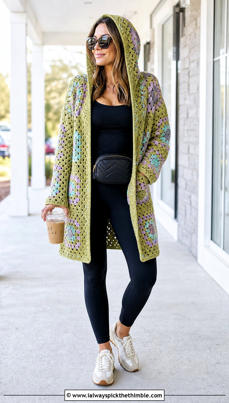 Hooded Granny Square Cardigan With Leggings And Sneakers - 20 crochet granny squares cardigan outfit ideas