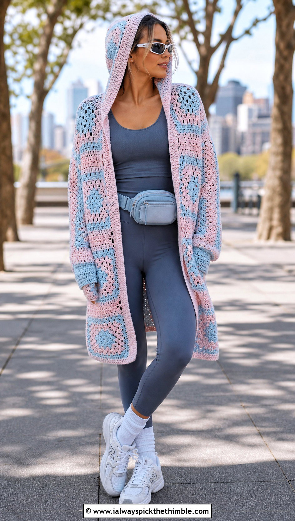 Hooded Granny Square Cardigan With Leggings And Sneakers - 20 pastel granny square cardigan outfit ideas