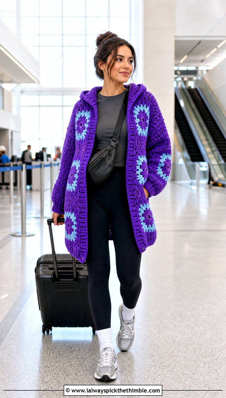 Hooded Granny Square Cardigan With Leggings And Sneakers - 15 Never Off Granny Square Cardigan outfit ideas