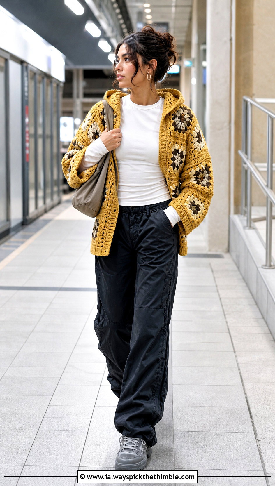 Hooded Granny Square Cardigan With Parachute Pants - 20 granny squares cardigan outfit ideas