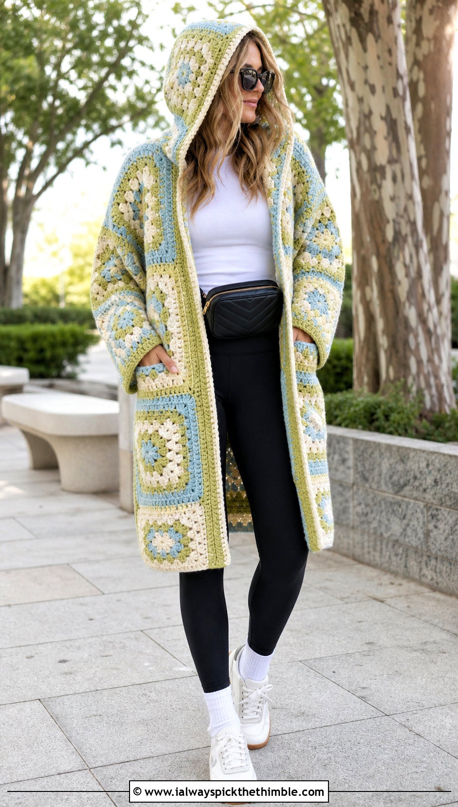 Hooded Granny Square Chunky Crochet Coat With Leggings - 20 Chunky Crochet Coat outfit ideas