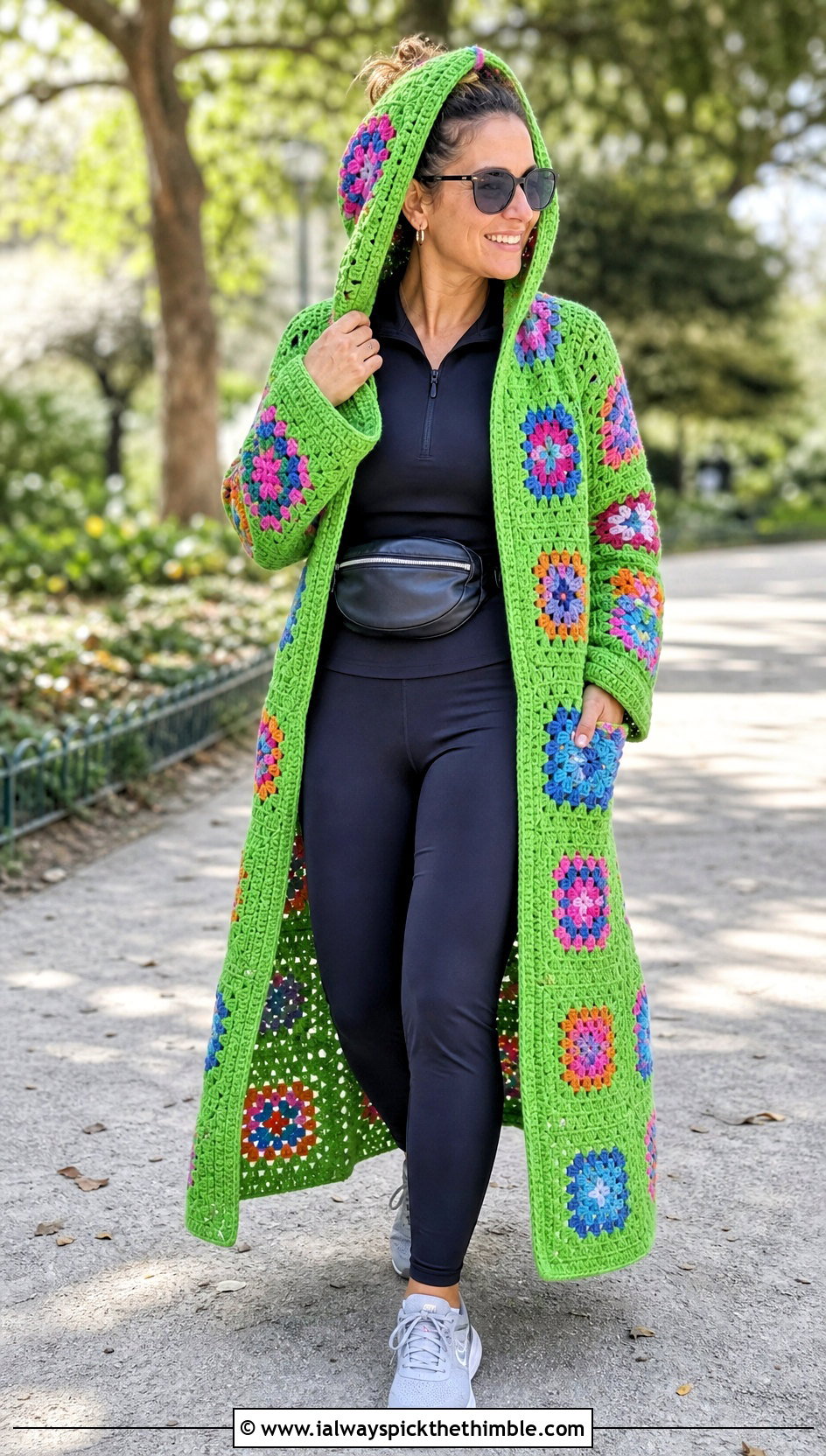Hooded Granny Square Coat With Leggings And Sneakers - 20 crochet granny square coat outfit ideas