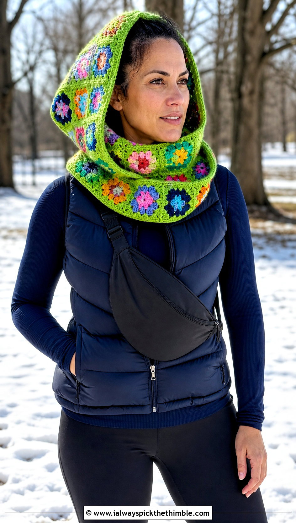 Hooded Granny Square Cowl With Puffer Vest and Leggings - 20 Granny Square Cowl outfit ideas