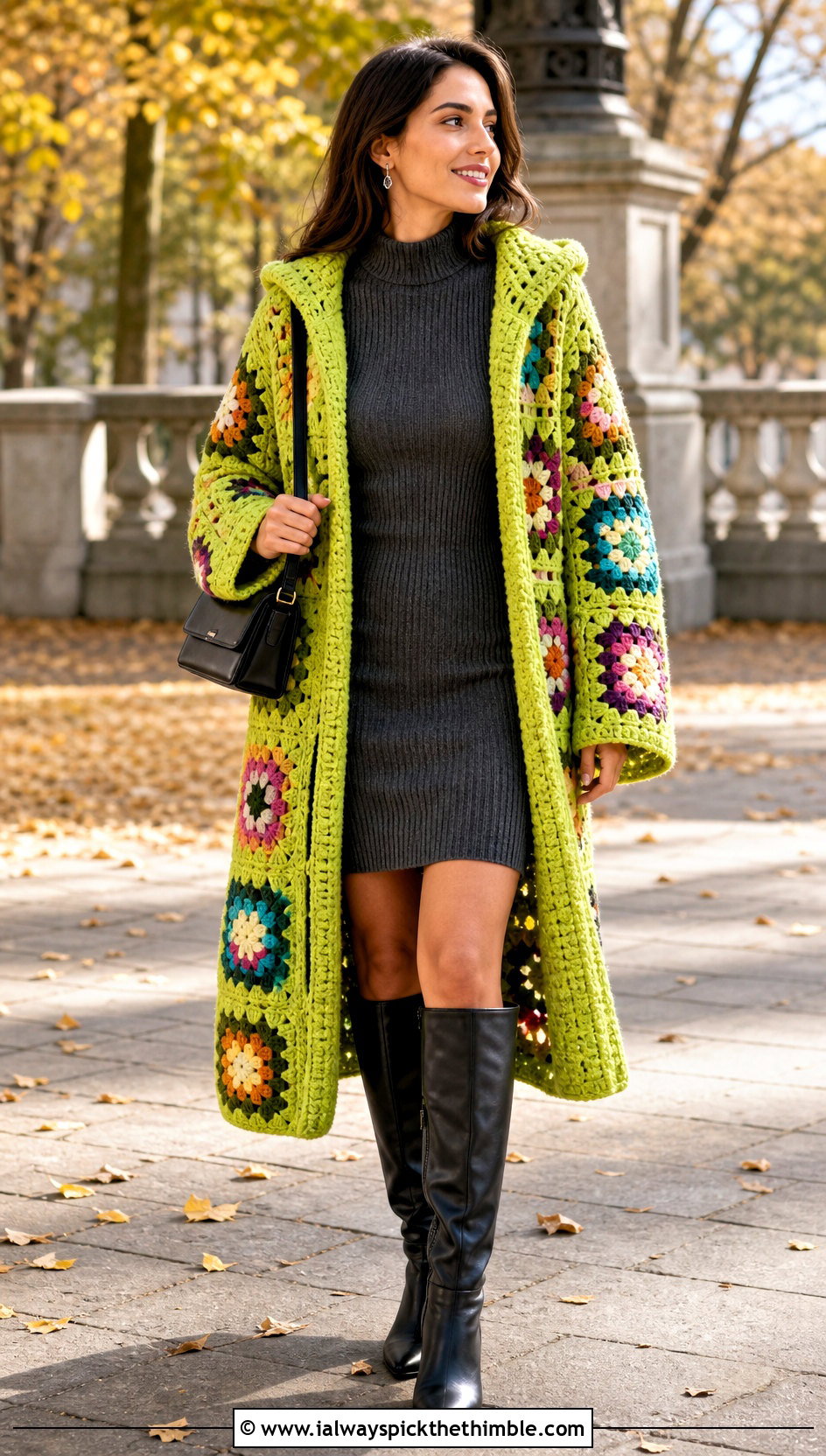 Hooded Granny Square Crochet Blanket Cardigan With Sweater Dress - 25 crochet blanket cardigan outfit ideas