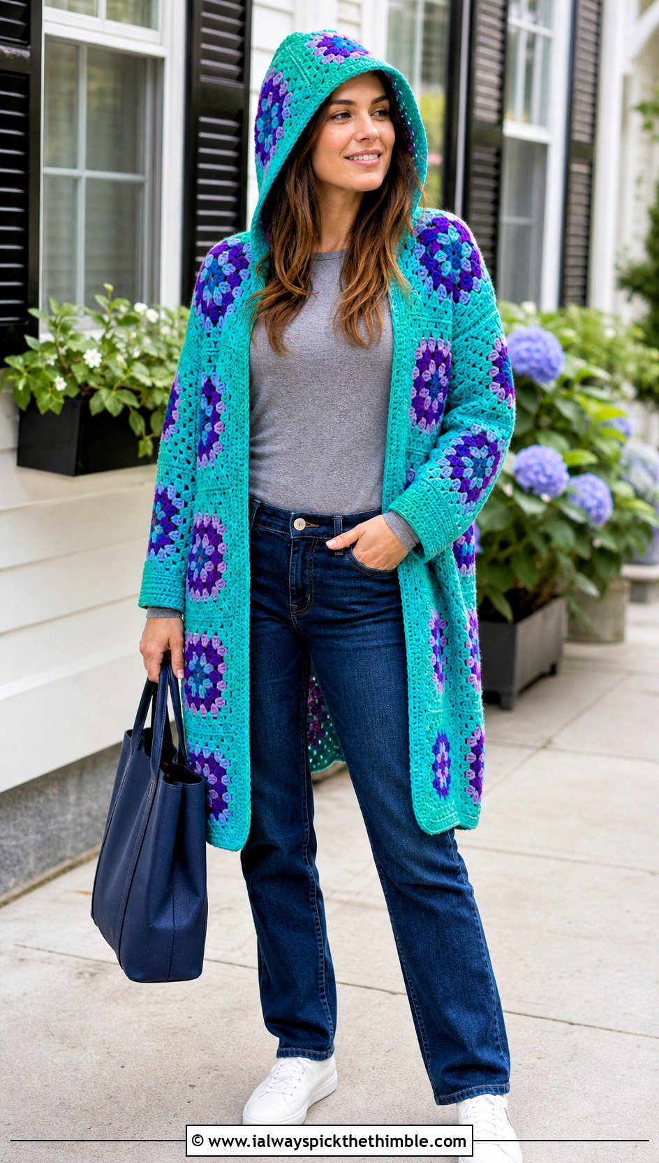 Hooded Granny Square Crochet Cardigan With Straight Leg Jeans - 20 Grant Square Crochet Cardigan outfit ideas