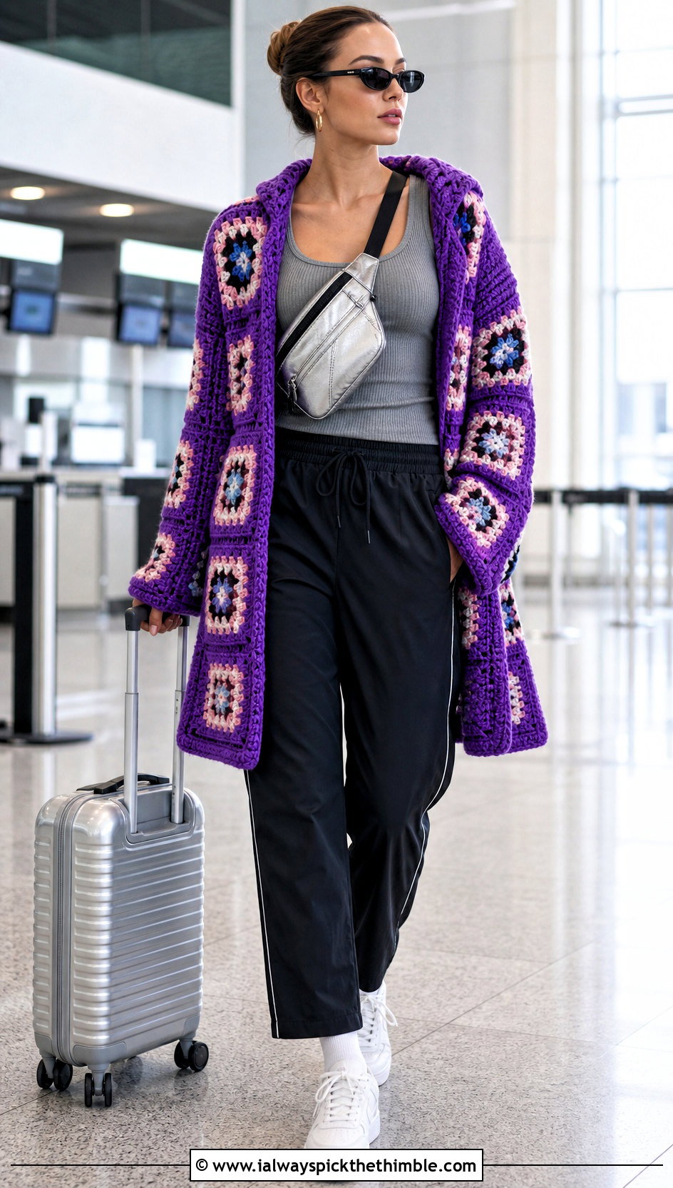 Hooded Granny Square Crochet Cardigan With Track Pants - 25 granny square crochet cardigan outfit ideas