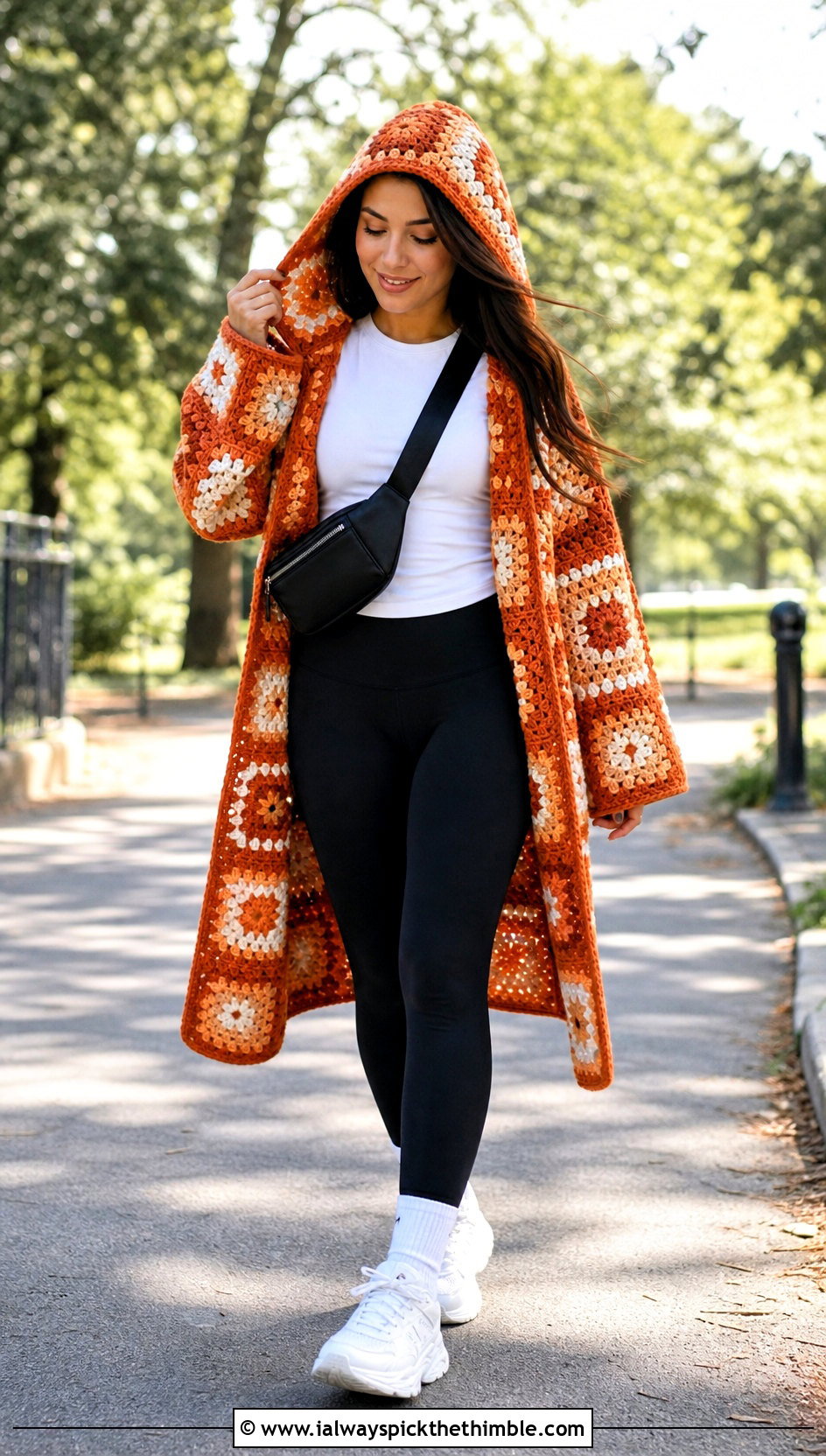 Hooded Granny Square Crochet Coat With Black Leggings - 20 Granny Square Crochet Coat outfit ideas