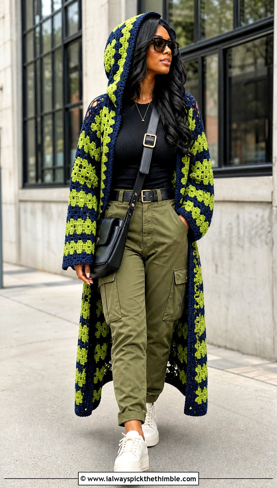 Hooded Granny Square Crochet Duster With Cargo Pants - 15 Granny Square Crochet Duster outfit ideas