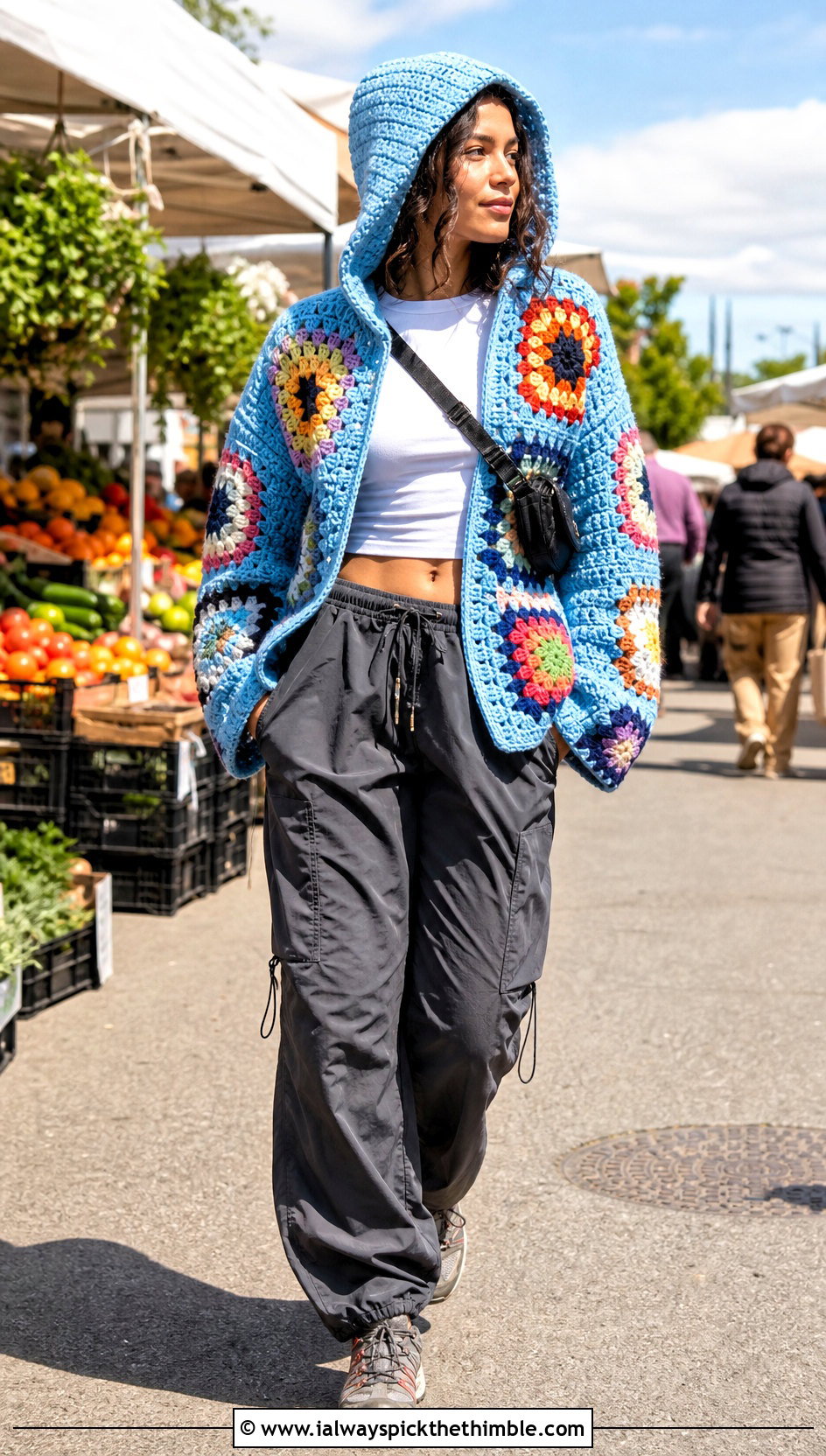 Hooded Granny Square Crochet Grandpa Sweater With Parachute Pants - 20 Crochet Grandpa Sweater outfit ideas