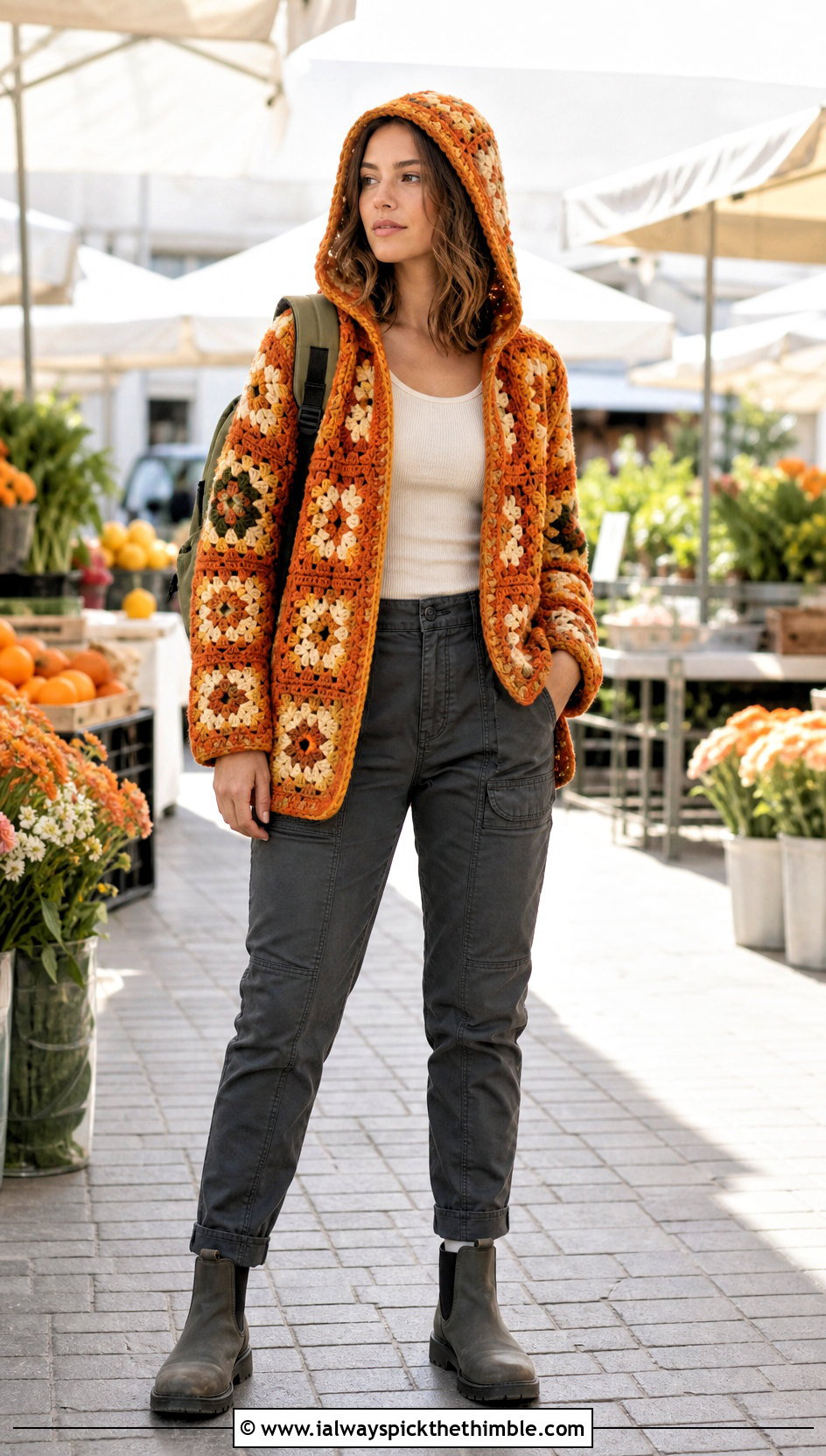 Hooded Granny Square Crochet Jacket With Utility Pants - 15 Granny Square Crochet Coats & Jackets outfit ideas