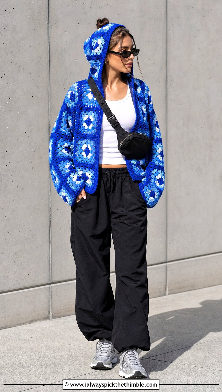 Hooded Granny Square Crochet Long Sleeve Top With Parachute Pants - 20 Granny Square Crochet Long Sleeve Top outfit ideas