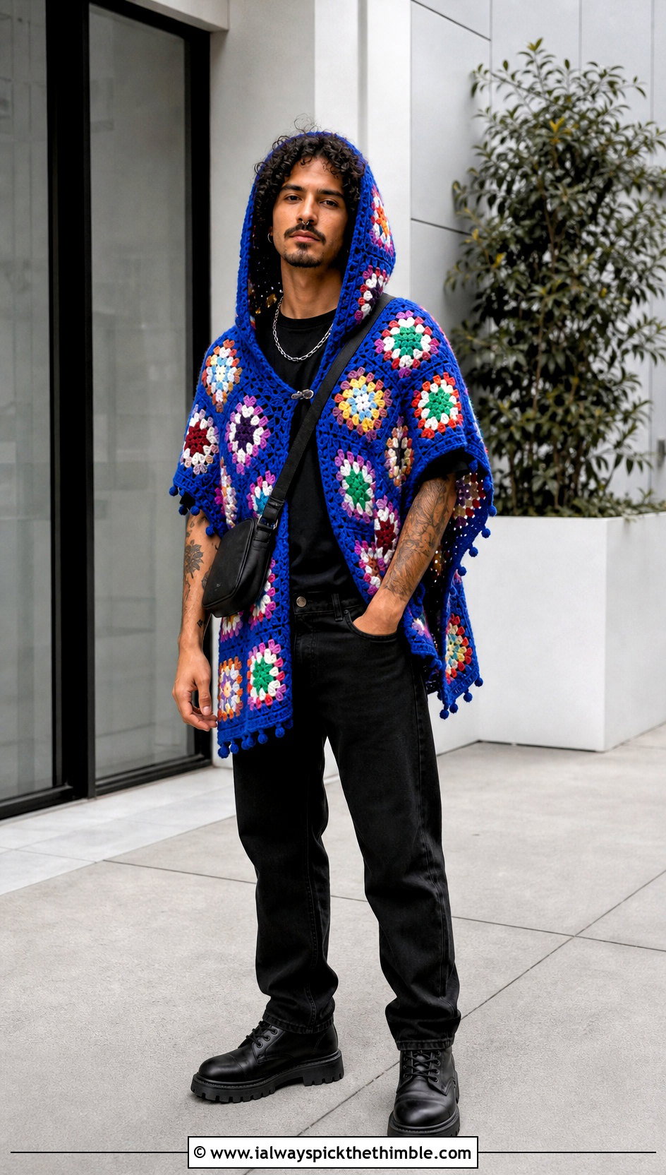 Hooded Granny Square Crochet Poncho With Black Jeans - 20 men crochet poncho outfit ideas