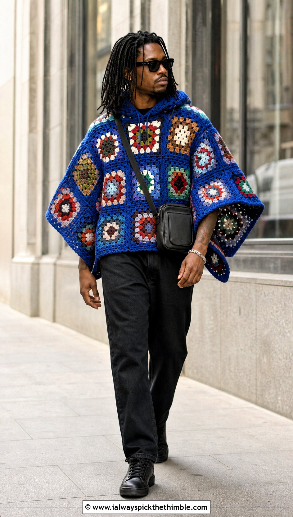 Hooded Granny Square Crochet Poncho With Black Jeans - 20 mens crochet poncho outfit ideas