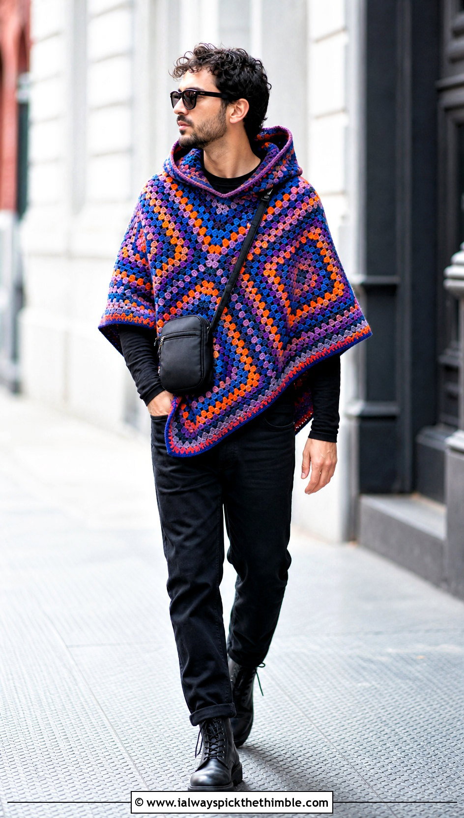 Hooded Granny Square Crochet Poncho With Black Jeans - 20 crochet men's poncho outfit ideas