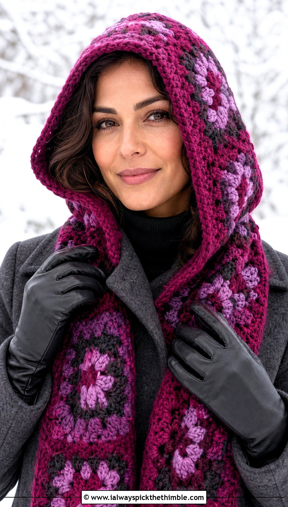 Hooded Granny Square Crochet Scarf With Long Coat - 25 granny square crochet scarf outfit ideas