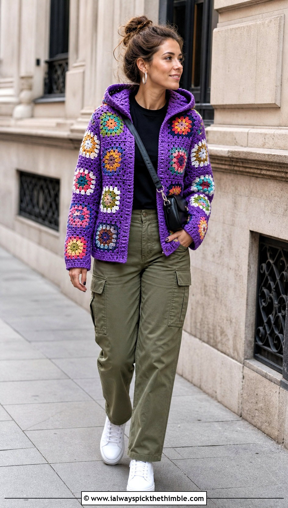 Hooded Granny Square Crochet Zip Jacket With Cargo Pants - 20 crochet jacket with zipper outfit ideas