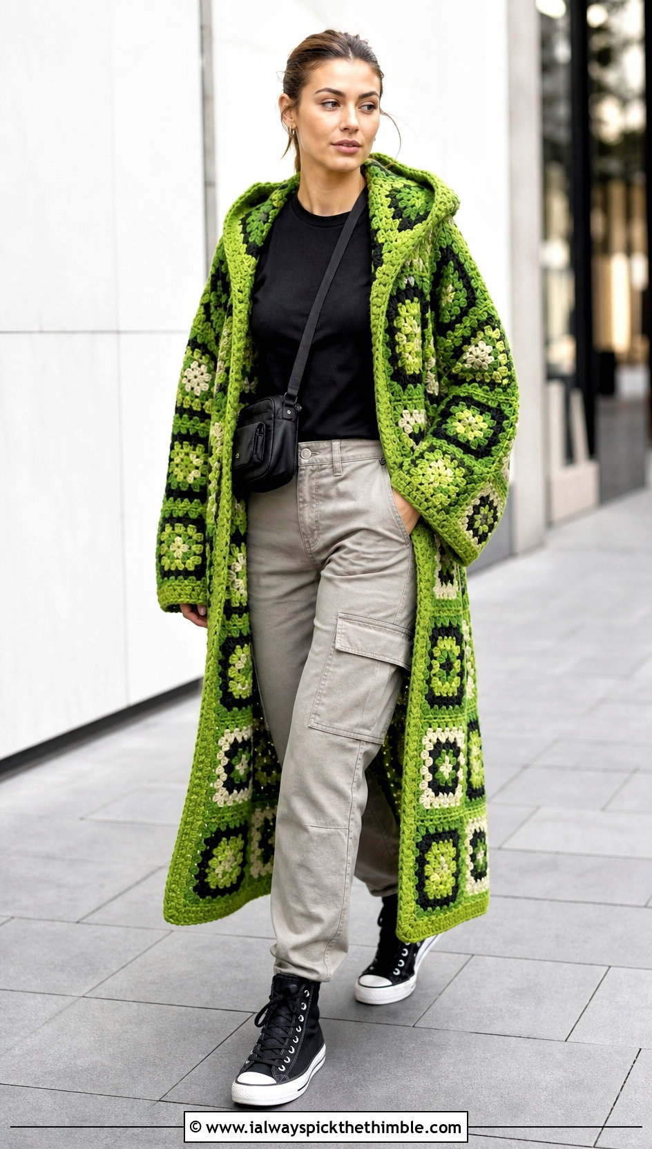 Hooded Granny Square Duster With Cargo Pants - 25 granny square duster outfit ideas