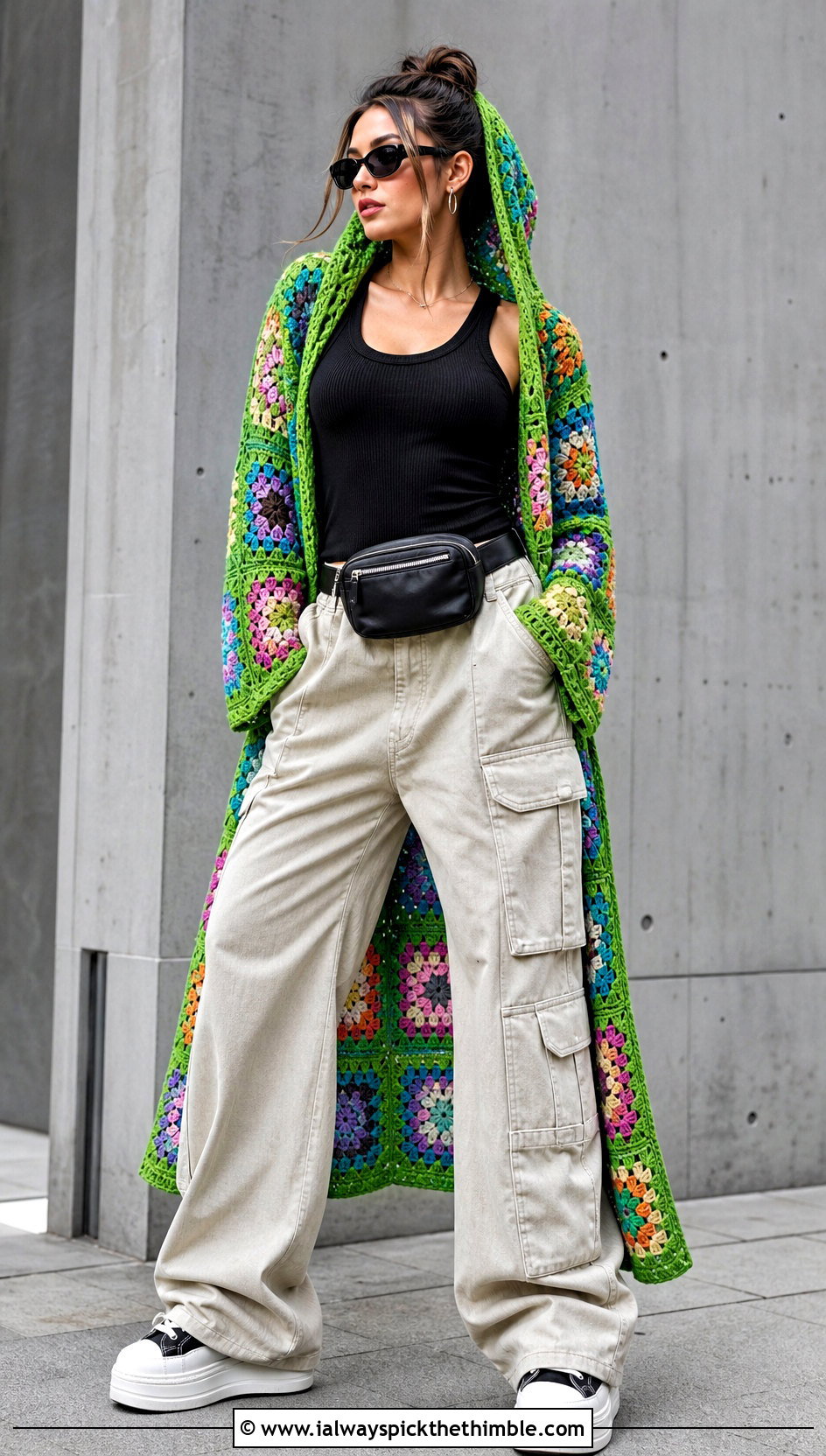 Hooded Granny Square Duster With Cargo Pants - 20 Crochet Granny Square Duster outfit ideas