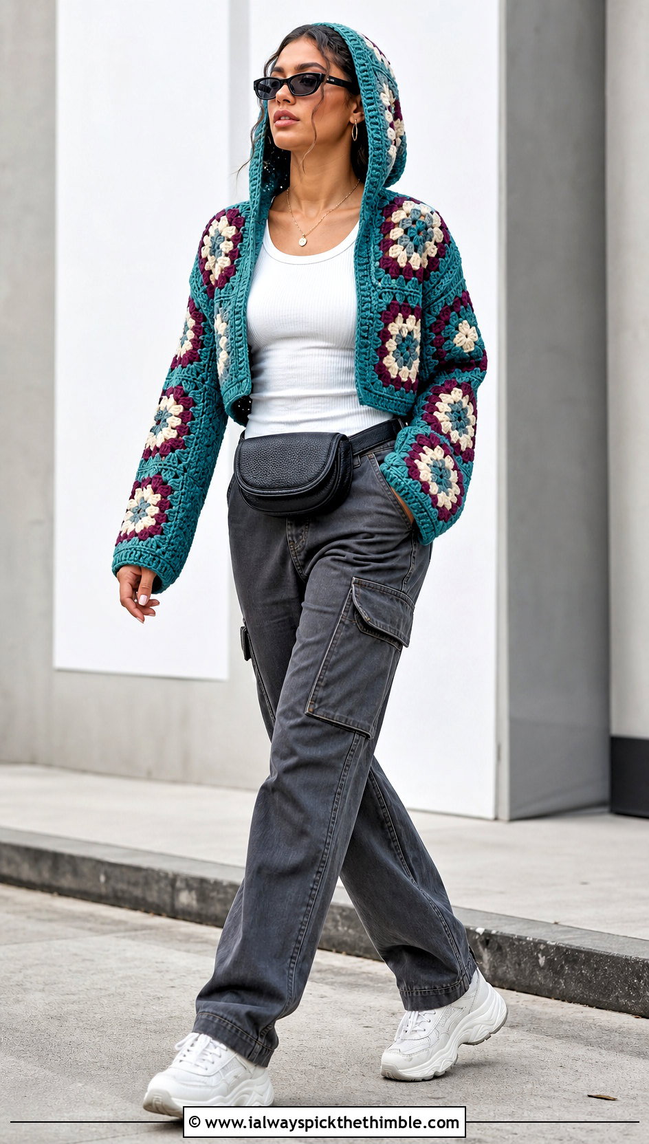 Hooded Granny Square Jacket With Cargo Pants - 25 granny square jacket outfit ideas
