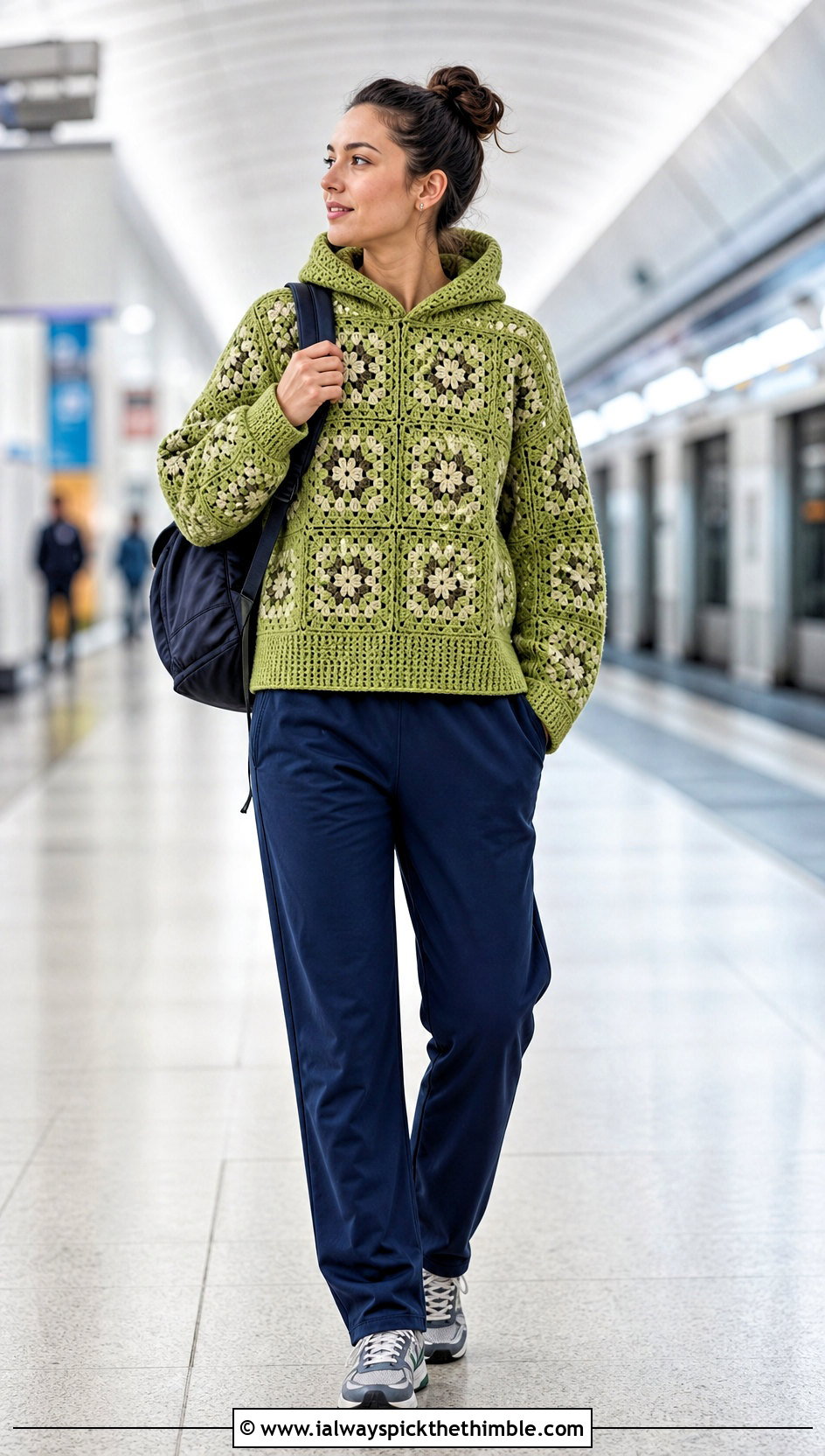 Hooded Granny Square Jumper With Track Pants - 25 granny square jumper outfit ideas