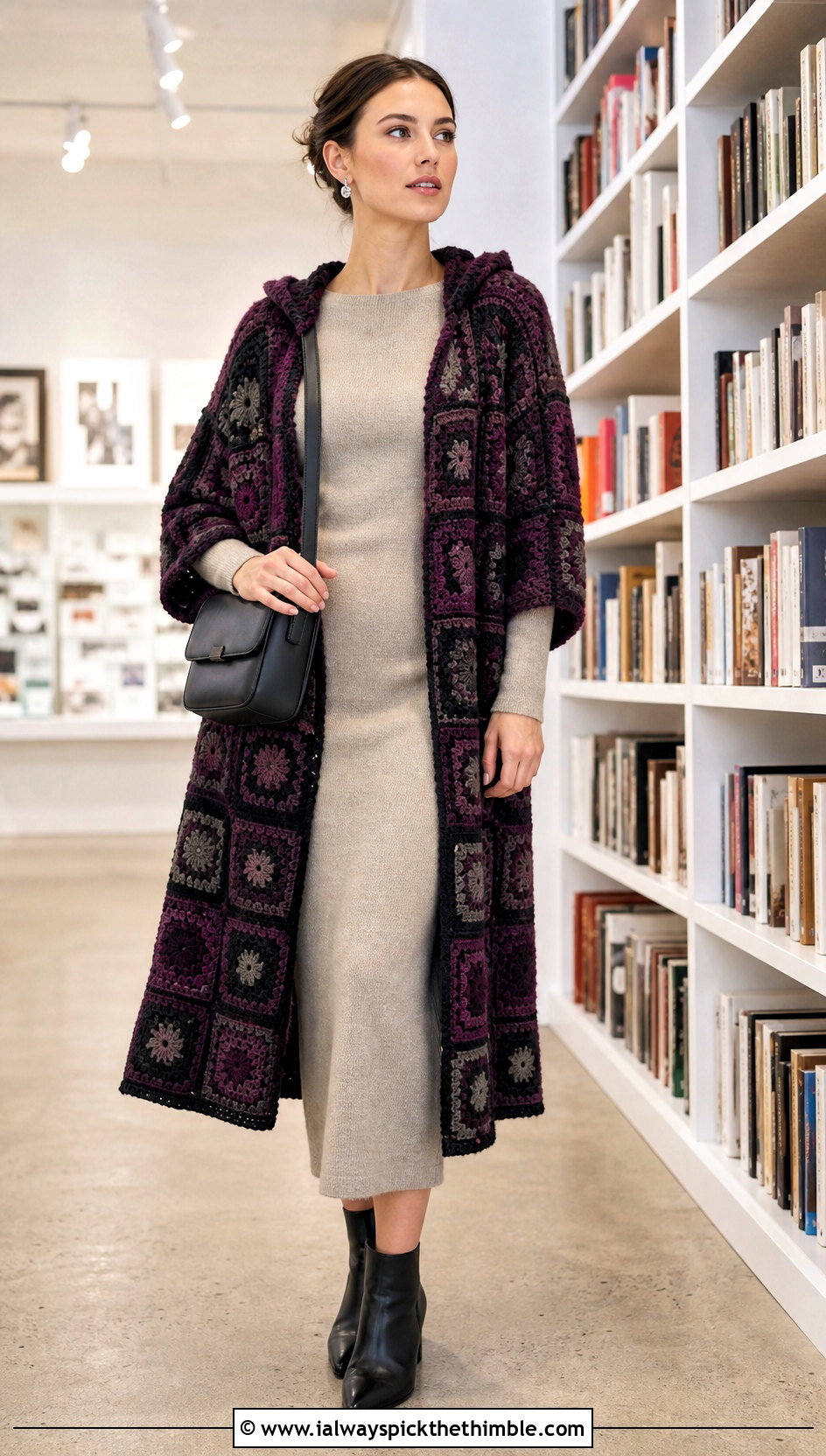 Hooded Granny Square Kimono With Knit Column Dress - 15 crochet granny square kimono outfit ideas