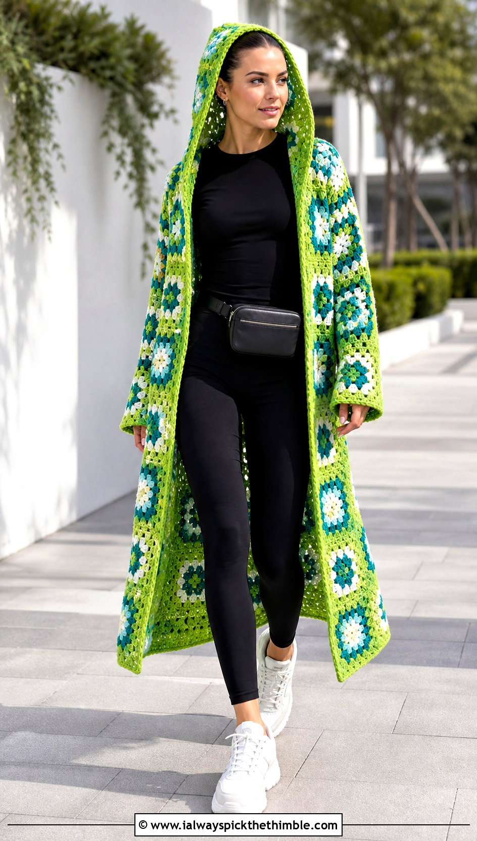 Hooded Granny Square Long Cardigan With Black Leggings - 20 granny square long cardigan outfit ideas