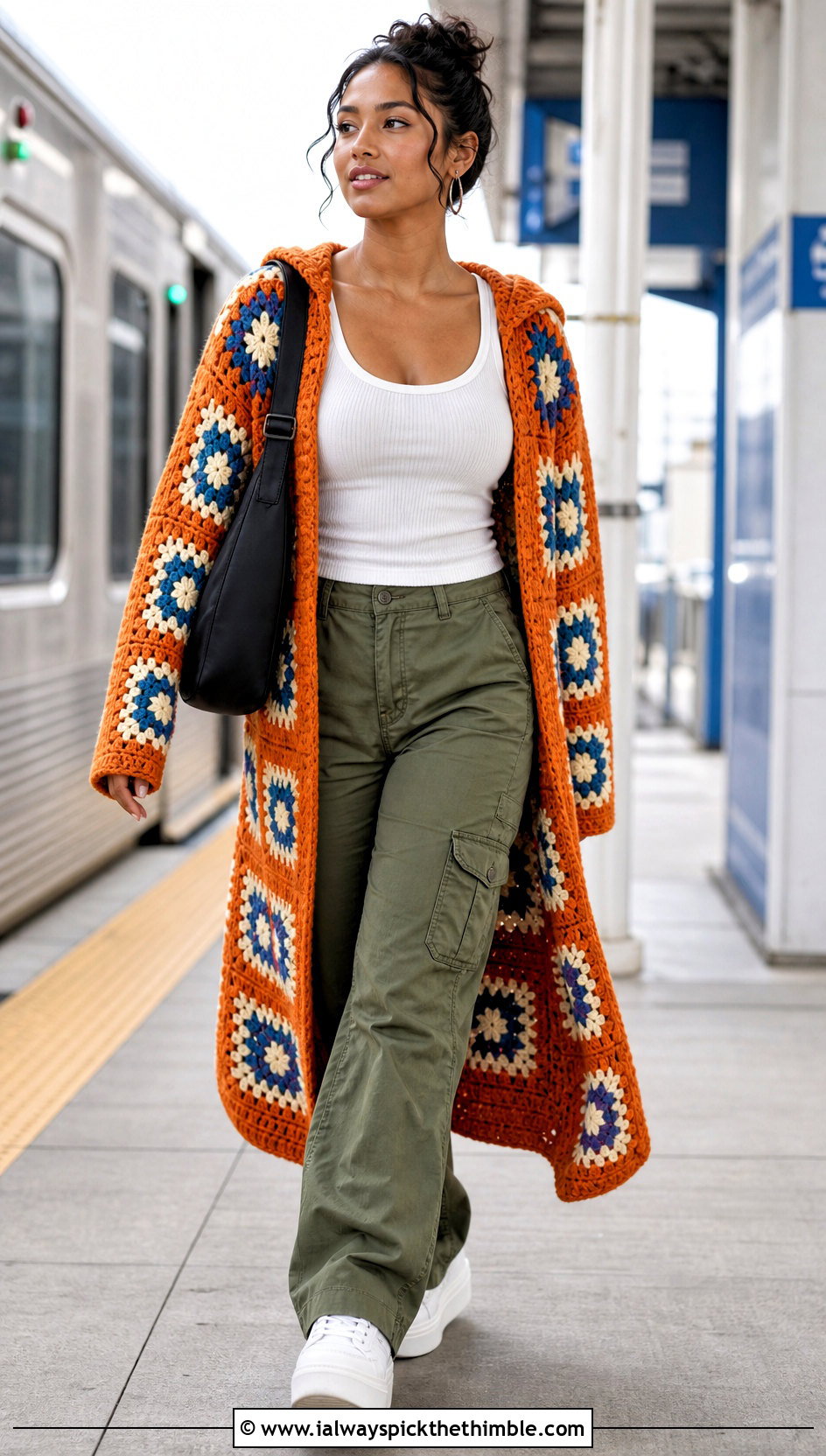 Hooded Granny Square Long Cardigan With Cargo Pants - 25 long granny square cardigan outfit ideas