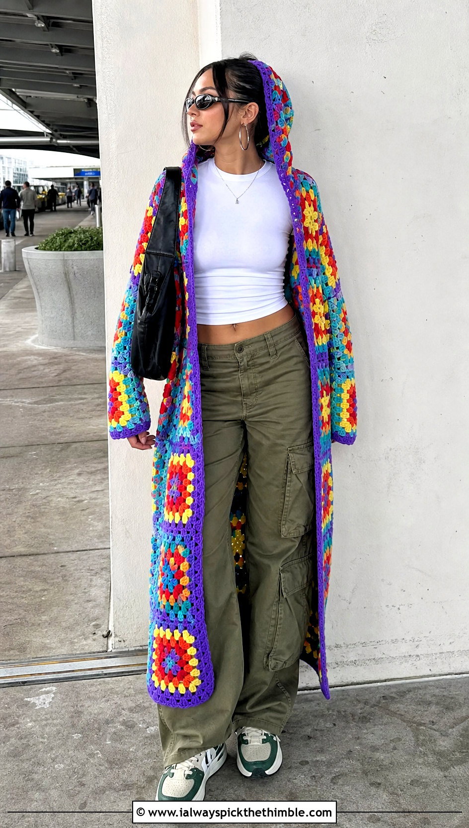 Hooded Granny Square Long Cardigan With Cargo Pants - 20 crochet granny square long cardigan outfit ideas