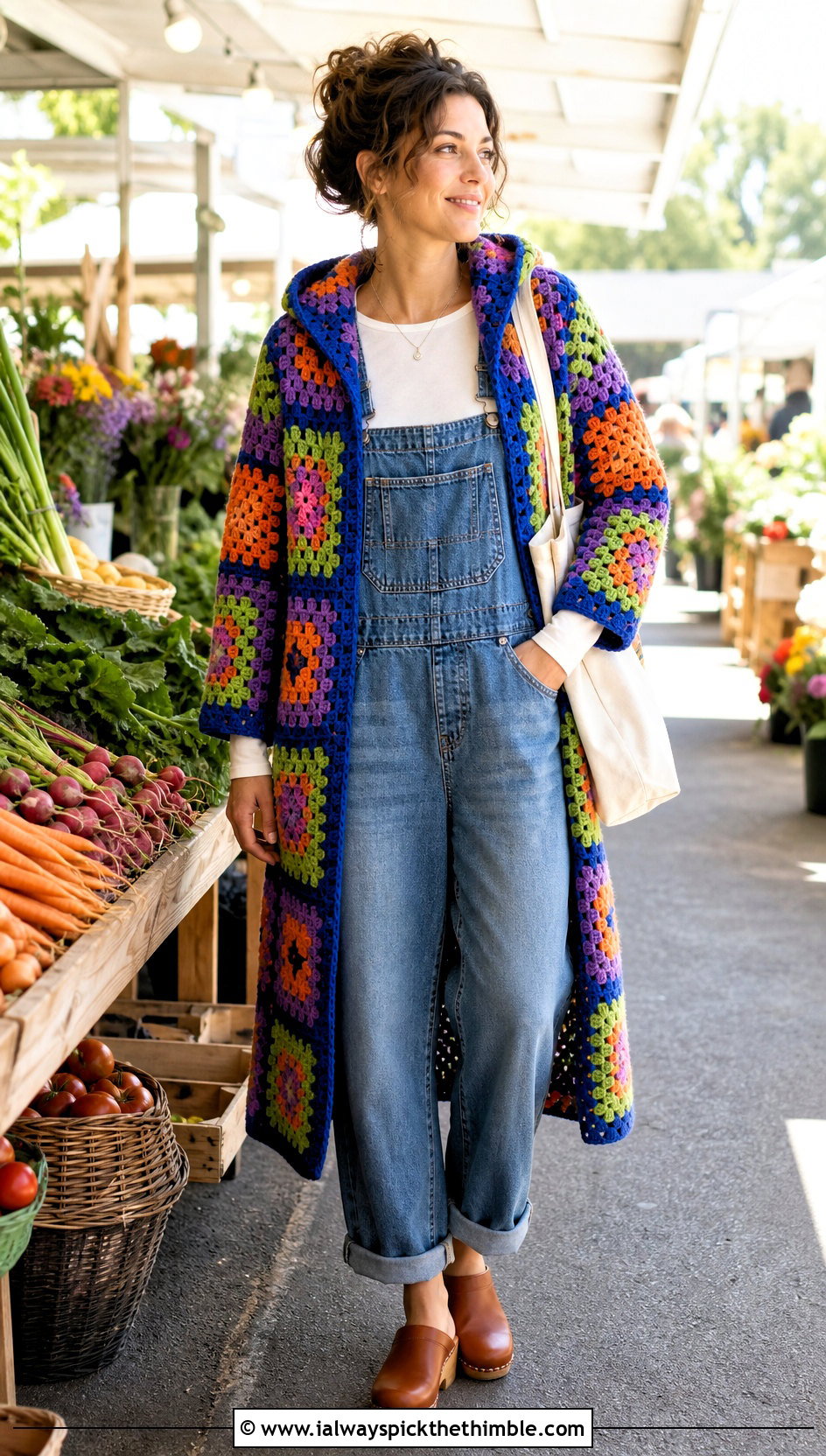 Hooded Granny Square Long Jacket With Denim Overalls - 25 crochet long jacket outfit ideas